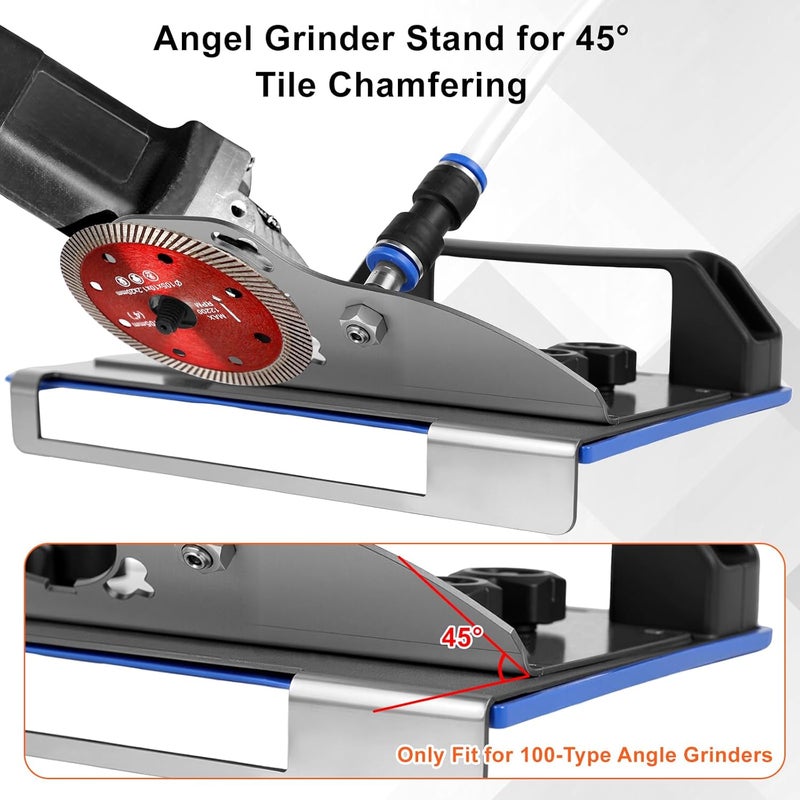 rolyta 45 Degree Tile Chamfering Tool for 100-Type Grinders, Angle Grinder Stand for 45° Tile Cutting Cutter Tools Kit with 3 Saw Blades, 3 Adapter Washers, Gloves, 39 Inch Cooling Hose - Image 2